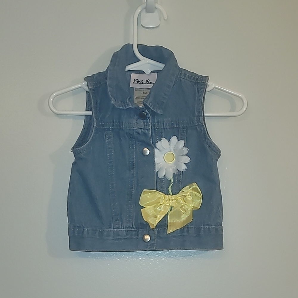 Little Lass Blue Denim Vest Daisy And Yellow Bow Embroidery Snap Buttons LOT-H